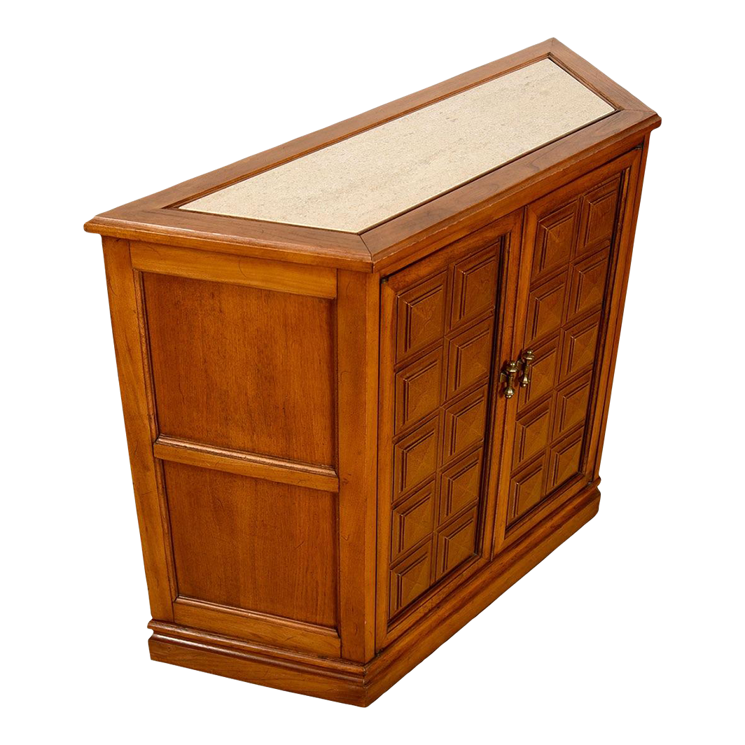 Wooden bar cabinet with a light textured top, full view.