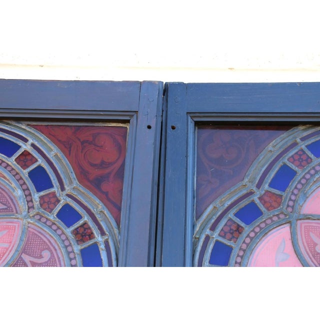 Wood Antique Victorian Gothic Hand-Painted Stained Glass Windows in Wood Frames, Circa 1900 – Pair For Sale - Image 7 of 18