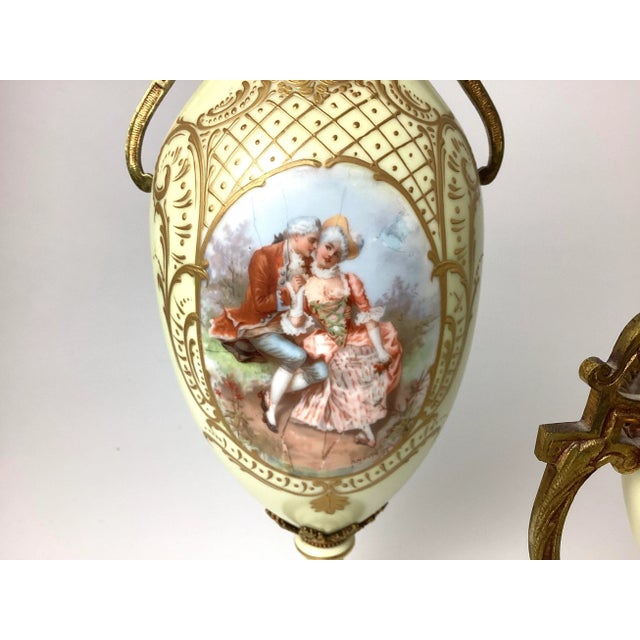 Light Yellow Early 20th Century Hand Painted French Porcelain & Ormolu Mounted 3 Piece Garniture Set For Sale - Image 8 of 13