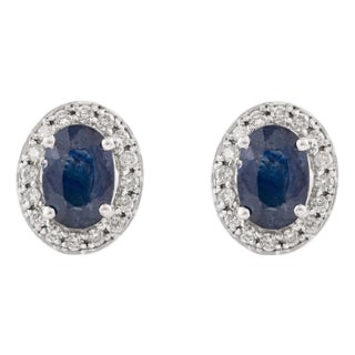 Elegant 1 Ct Natural Blue Sapphire and Diamond Halo Stud Earrings in 14k Gold- A Pair For Sale