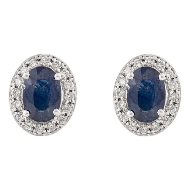 Elegant 1 Ct Natural Blue Sapphire and Diamond Halo Stud Earrings in 14k Gold- A Pair For Sale