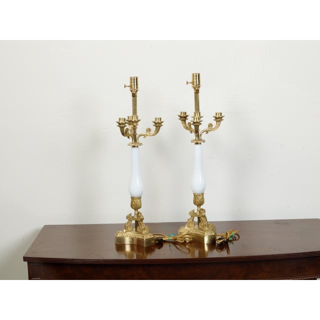 Early 20th Century 1920s French Empire Style Bronze and Opaline Glass Table Lamps - a Pair For Sale - Image 5 of 9