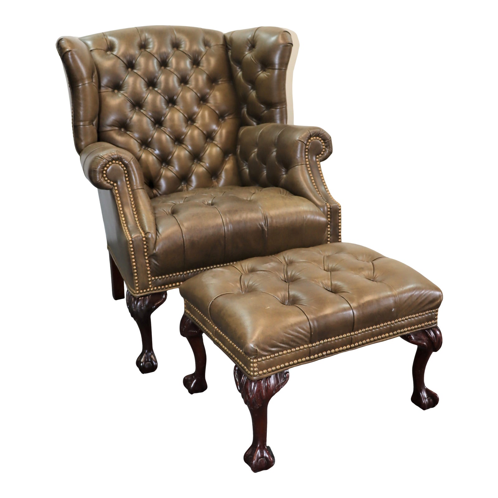 Leathercraft Chippendale Style Tufted Leather Wing Chair & Ottoman