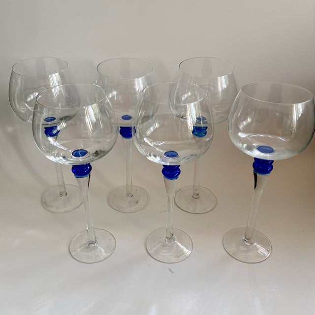 Blue Vintage Wine Glasses With Cobalt Blue Beehive Stem Detail – Set of 6 For Sale - Image 8 of 11