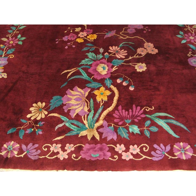 Art Deco 1920s Ruby Red Floral Antique Chinese Art Deco Rug 8' 8" X 11' 6" Handknotted Wool Carpet For Sale - Image 3 of 6