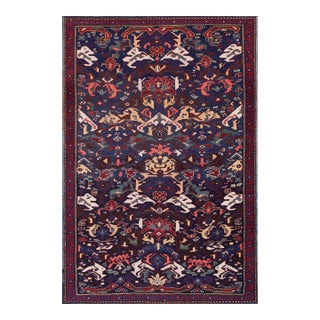 1870s Blue Geometric Tribal Antique Caucasian Zeychor Rug 4'4" X 6'8" Knotted Wool Carpet For Sale