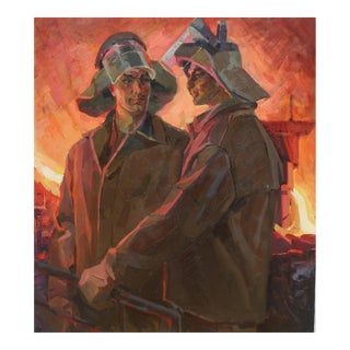 Socialist Realism Oil Painting – Blast Furnace Workers, 1982 For Sale