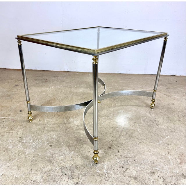 Maison Jansen Vintage Mid 20th Century Hollywood Regency Brass, Chrome & Glass Italian Side Tables—a Pair For Sale - Image 4 of 12