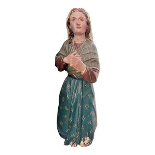 Antique Polychrome Carved Wood Kneeling Female Santo Figure, 17” For Sale