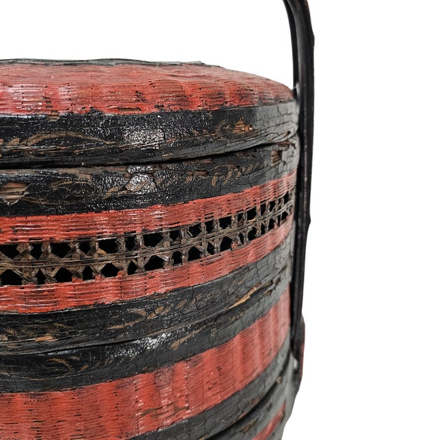 Chinese Red and Black Lacquer Wedding Basket With Handle, Mid-20th Century For Sale - Image 12 of 16