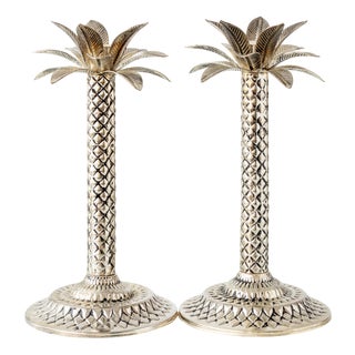 Vintage Hollywood Regency Palm Beach Silvered Metal Palm Tree Candlesticks, Set of 2 For Sale