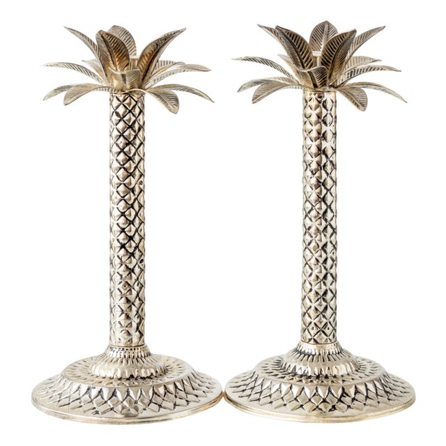 Vintage Hollywood Regency Palm Beach Silvered Metal Palm Tree Candlesticks, Set of 2 For Sale
