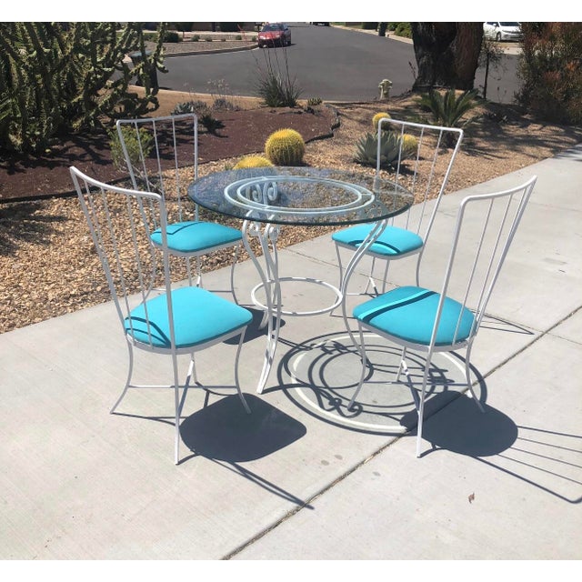 Vintage MidCentury Modern Wrought Iron Blue & White Patio Table & 4