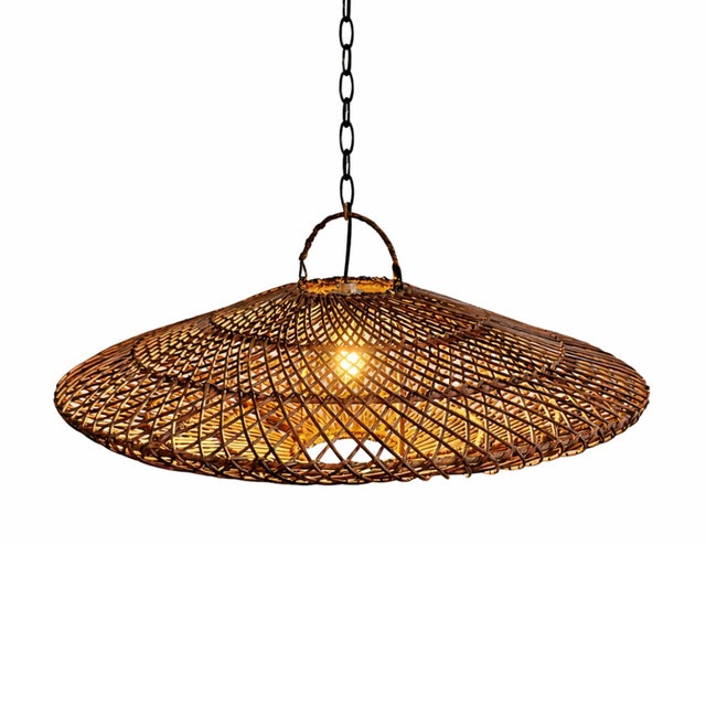 Modern Coffee Stain Wicker Discus Pendant Light Small For Sale - Image 4 of 7
