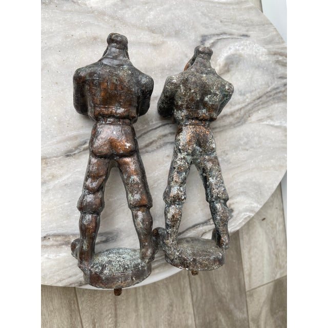 Victorian Antique Solid Cast Iron Strongman Figural Finials Pair 9" 19thC Industrial Salvage For Sale - Image 3 of 9