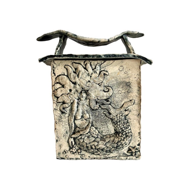 Off-white Signed Mid 20th Century Novelty Relief Mermaid Trees Ceramic Box With Lid / Large Art Studio Pottery Lidded Box For Sale - Image 8 of 12