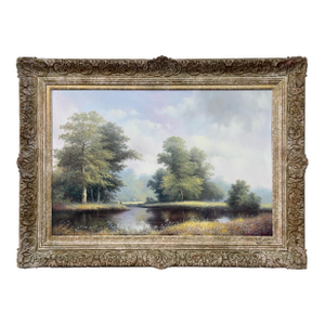 Vintage Painting of Children Fishing at River Summer in the English Countryside 1990 Circa