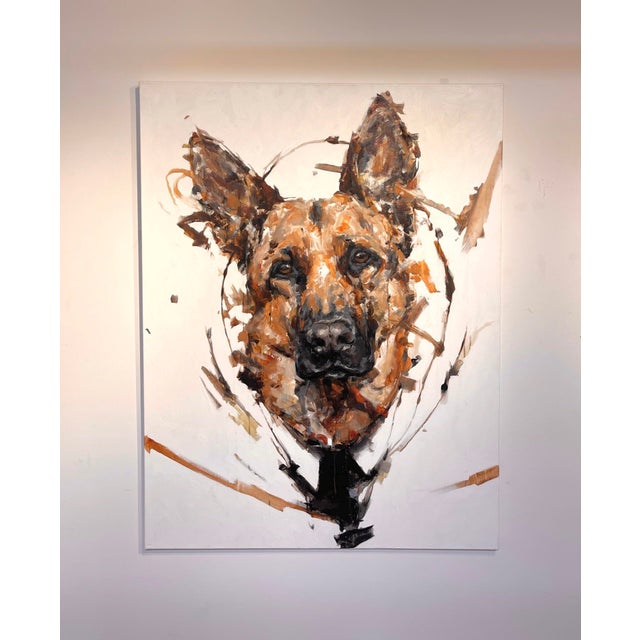 This oil painting presents a striking close-up of a German Shepherd's face, rendered with bold, expressive brushstrokes...