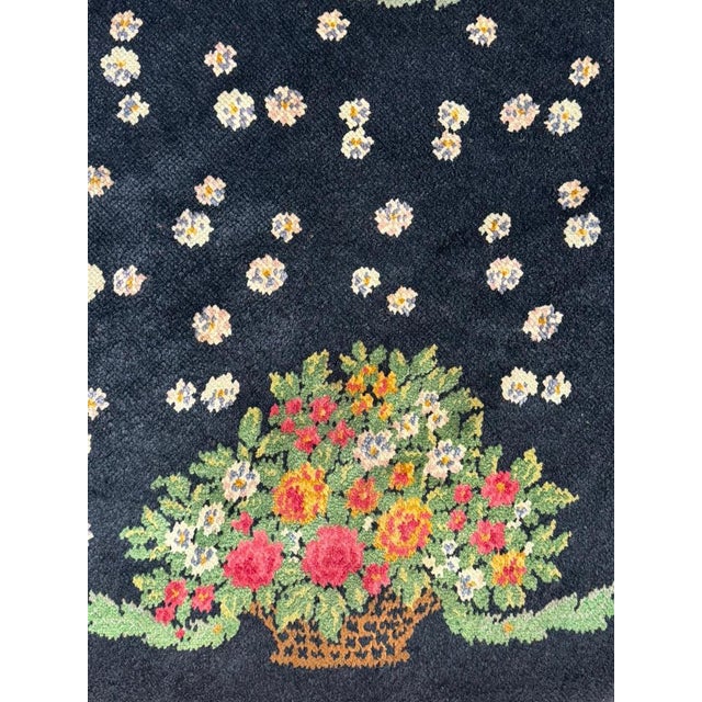 Black Base Rug Decorated with Rose Baskets Made for Theatrical Sets, 1950s For Sale - Image 3 of 15