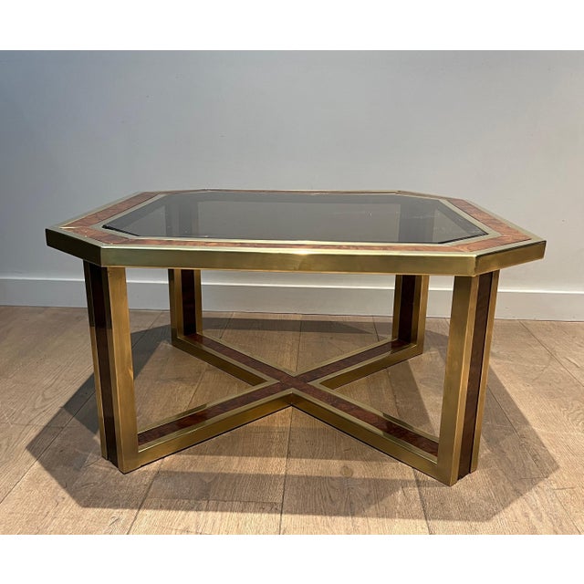 Mid-Century Modern Octagonal walnut and brass coffee table. French work. Circa 1970 For Sale - Image 3 of 12