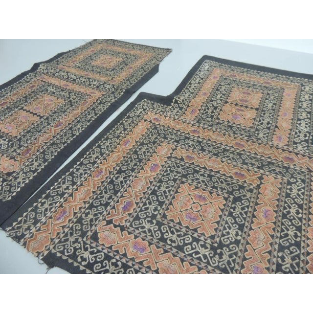 Vintage Black and Orange Asian Embroidered Textile Fragments Minority China Size: 11" x 22 15" x 21"
