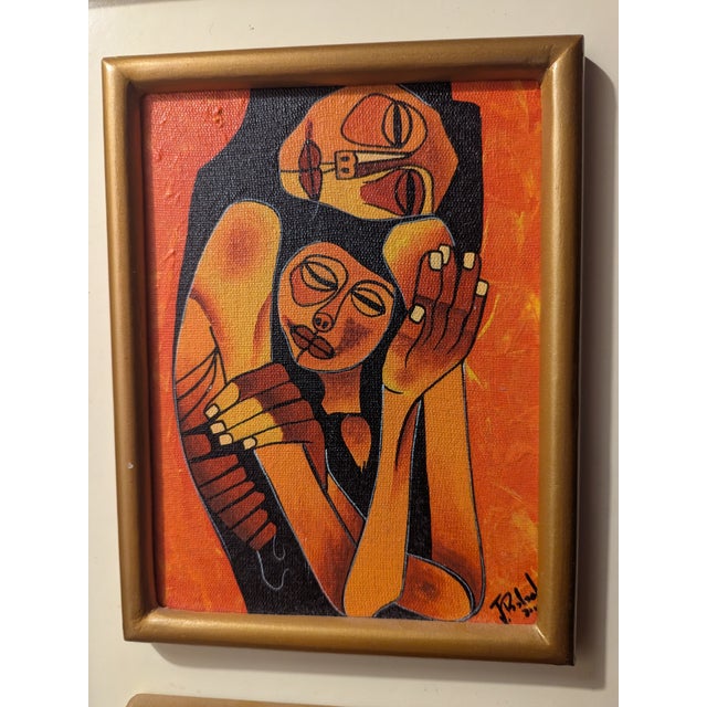 Cubism VTG Ecuador Signed J.Rafael Painting Couple Embracing Hand Crafted Guayasamin S For Sale - Image 3 of 9