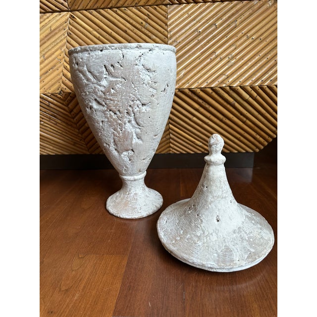 Vintage 19” French Whitewash Glazed Terracotta Lidded Urn For Sale - Image 11 of 12