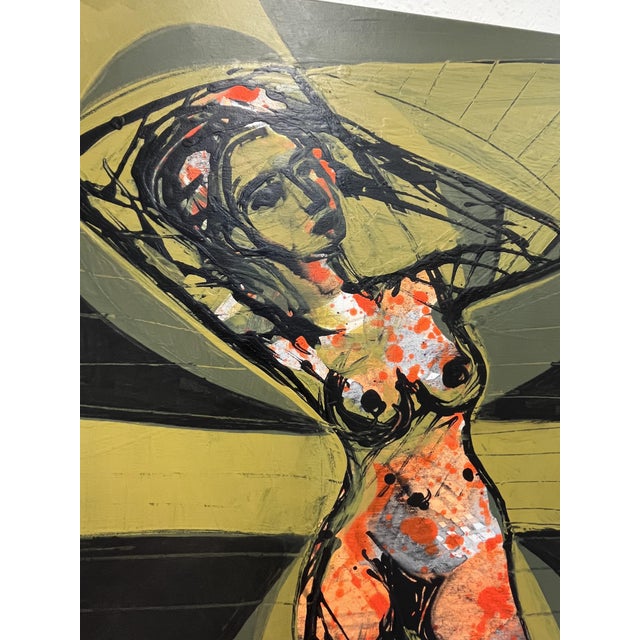 The painting combines a nude figure with a piece of fruit in an open, imaginary space where organic forms and geometric...