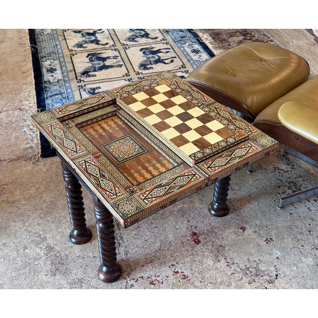 Vintage Marquetry Wood and Mother of Pearl Inlay Folding Game Table For Sale - Image 4 of 10