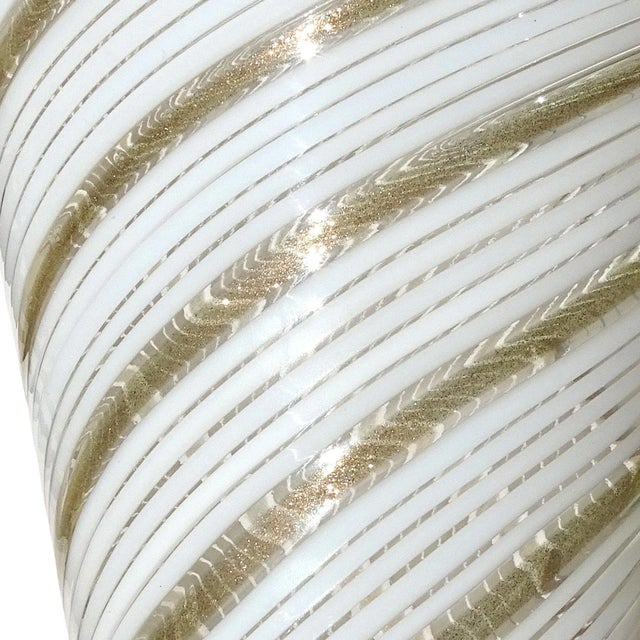 Mid 20th Century Vintage Murano Large White Copper Aventurine Ribbons Italian Art Glass Footed Flower Vase For Sale - Image 5 of 9