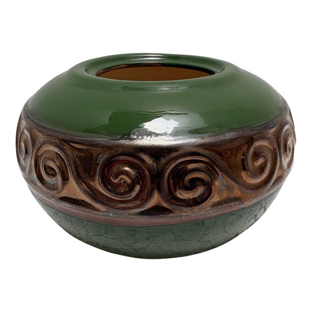 Vintage Ceramic Pottery Green Textured Plant Vessel For Sale