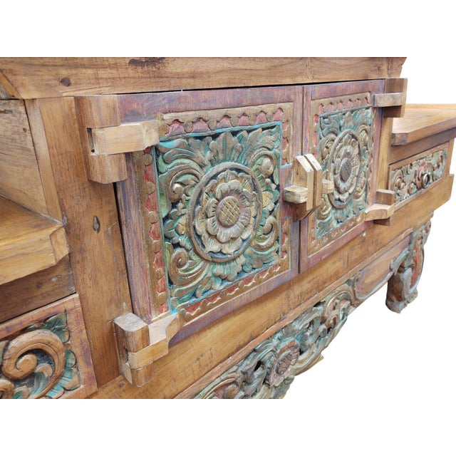 Large Mid-Century Balinese Hand-Carved Teak Sideboard - Hi-Lo Altar Cabinet For Sale In West Palm - Image 6 of 18