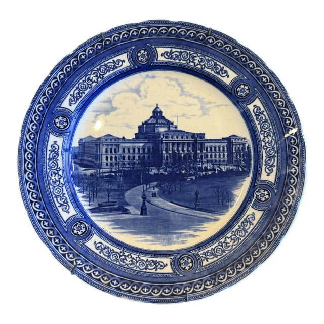 Vintage Royal Doulton Flow Blue Library of Congress Architectural Transferware Plate For Sale