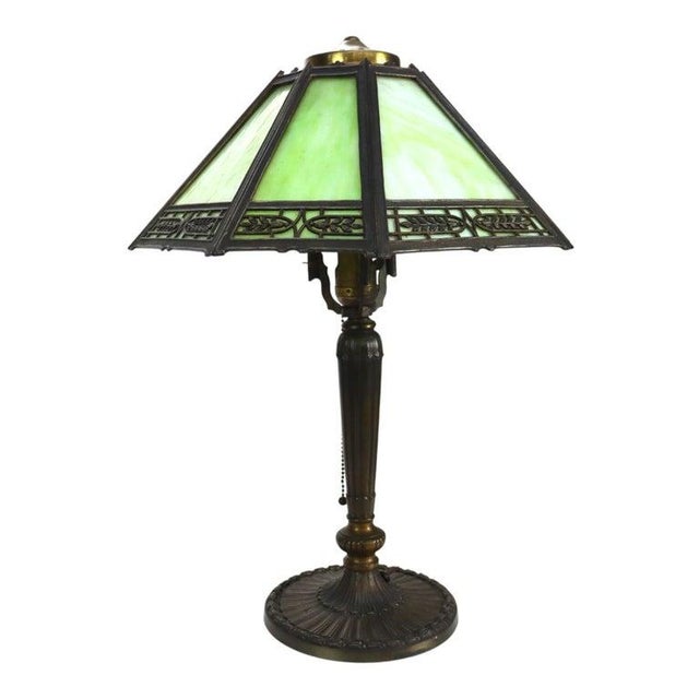 Arts & Crafts Pittsburg 8-Panel Slag Glass Table Lamp Signed C1920 For Sale - Image 6 of 10