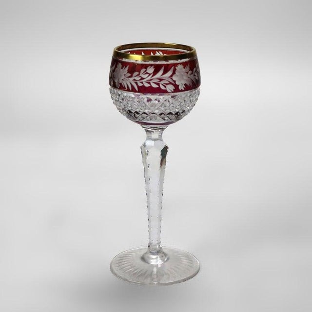 Six Bohemian Multicolored Floral Cut To Clear Crystal Stem Wine Goblets With Gold Gilt Rims C1910 Measures - 7 7/8" x 3...
