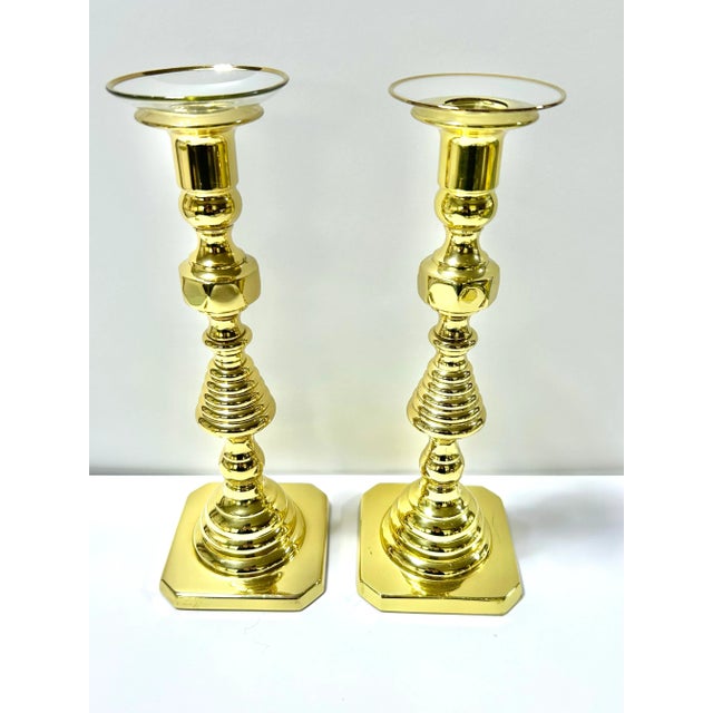 English Vintage Baldwin Brass Candlesticks With Glass Bobeches Drip Trays- Set of 6 For Sale - Image 3 of 12