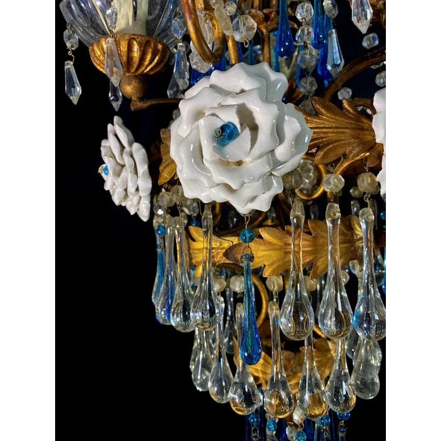 Chandelier with White Roses and Blue Drops, Murano, 1950s For Sale - Image 14 of 18
