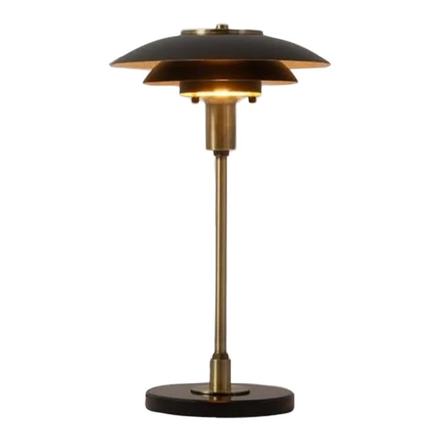 Rancho Mirage Table Lamp - Matte Black & Gold-Leaf Shade, Weathered Brass, Black Marble Base For Sale
