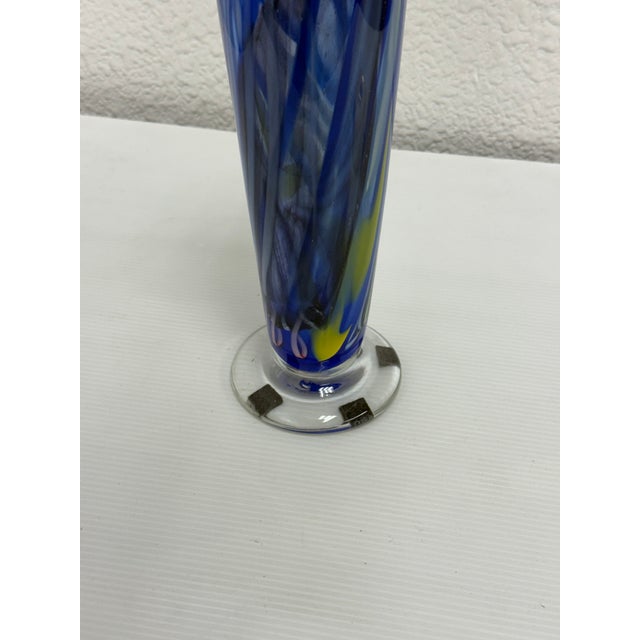 Circa 1999 Tall Blue Narrow Vase With Green Rim, Wavy Design For Sale - Image 4 of 12