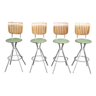 Set of 4 Mid-Century Modern Walnut & Chrome Swivel Bar Stools For Sale