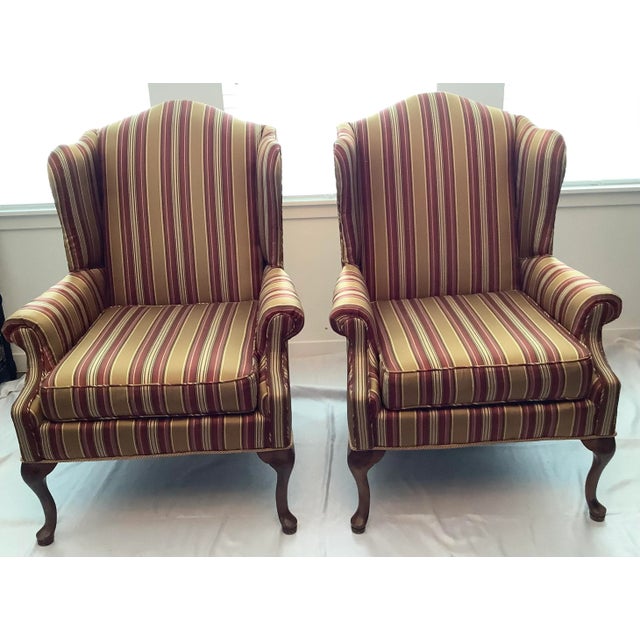 French 1960s Carved Wood & Upholstered Wing-Back Chairs With Ottoman - 3 Pieces For Sale - Image 3 of 12