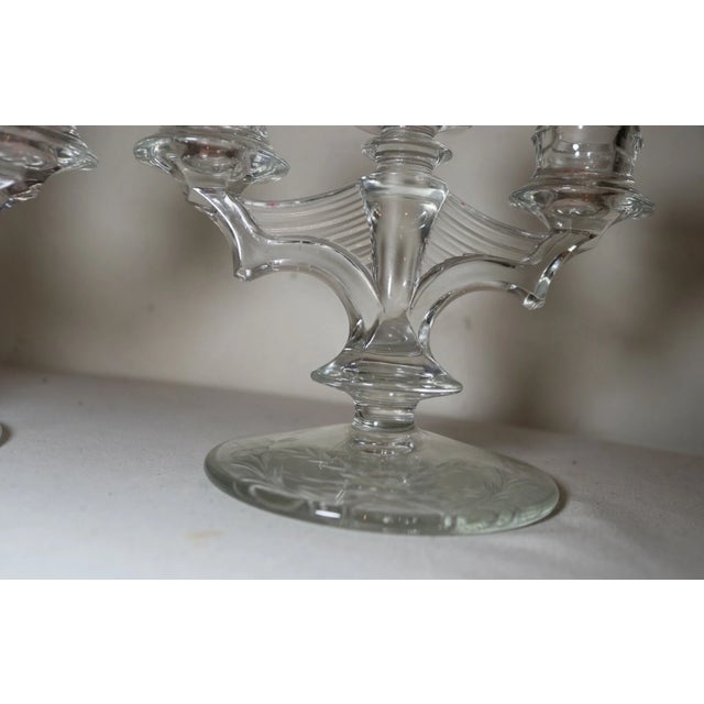 Vintage Pair of Art Deco Etched Crystal Candlestick Holders Candelabras Glass For Sale - Image 10 of 12