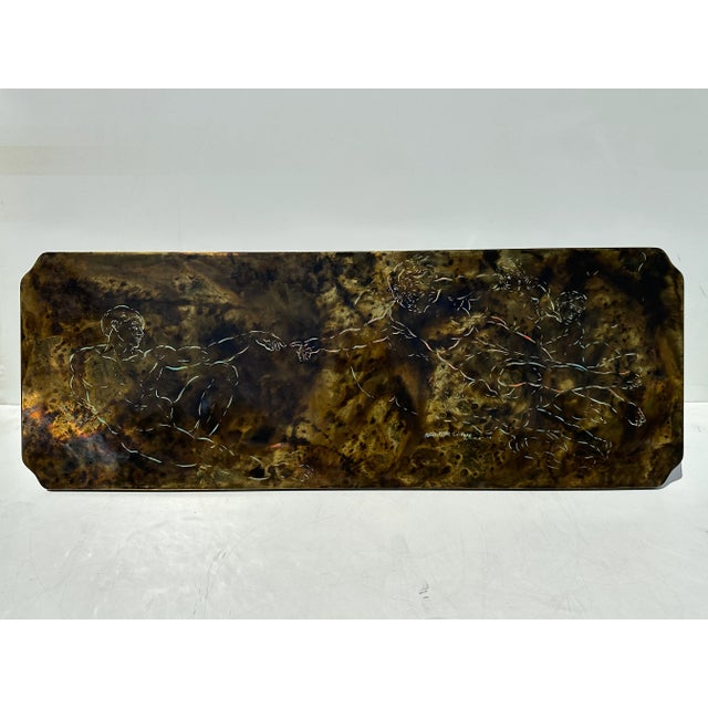 Michelangelo’s “Creation of Man” or “Creation of Adam” etched and patinated brass coffee table designed and made by father...