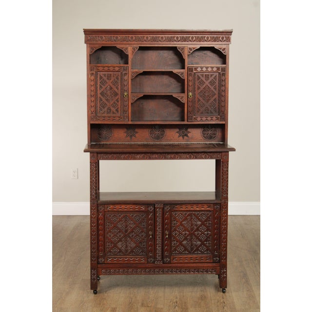 Vintage Moroccan Carved Hard Wood Two-Piece Server Cabinet For Sale - Image 9 of 12