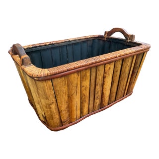 Mid 20th Century Rattan Bamboo and Wood Basket With Handles For Sale