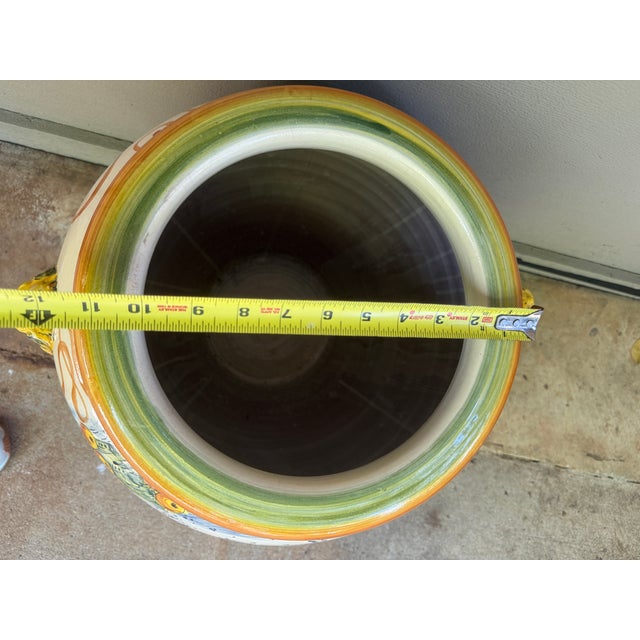 Large 21” Hand-Painted Majolica-Style Floor Urn With Lion Head Ring Handles For Sale - Image 10 of 14