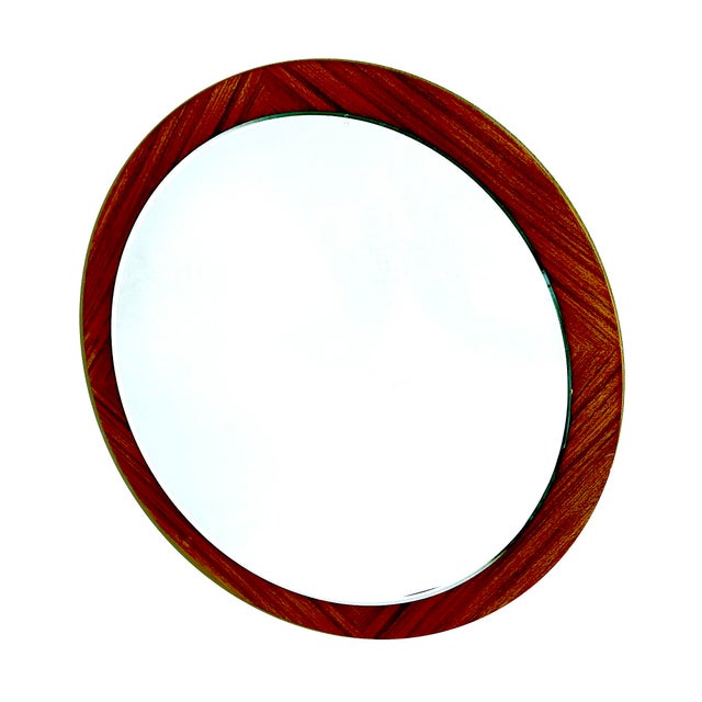 l large vintage circular wall mirror, danish Modern, produced circa 1960s-1970 with a wood veneer frame DIMENSIONS 22 in.H...