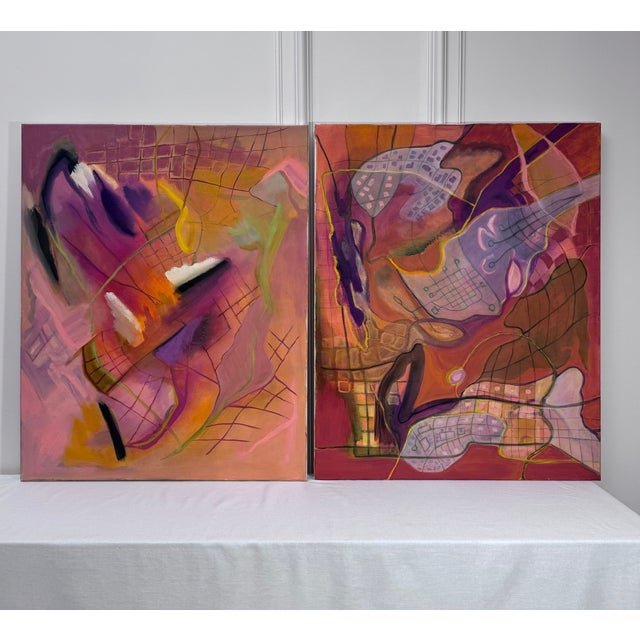 Vintage Contemporary Abstract Expressionism Diptych Original Oil Paintings, a Pair, Magenta, Orange & Plum For Sale - Image 18 of 18