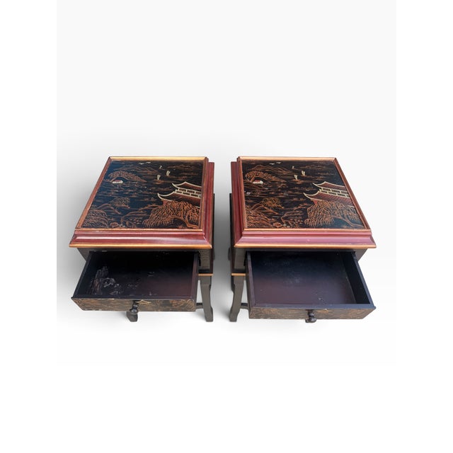 Chinoiserie Hand-Painted Gilt Asian Nightstands, Pair For Sale - Image 9 of 15