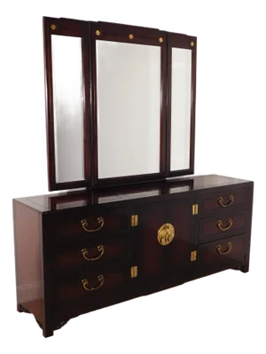 White Furniture Mandarin Collection Long Chest Dresser W Tri-Fold Mirror